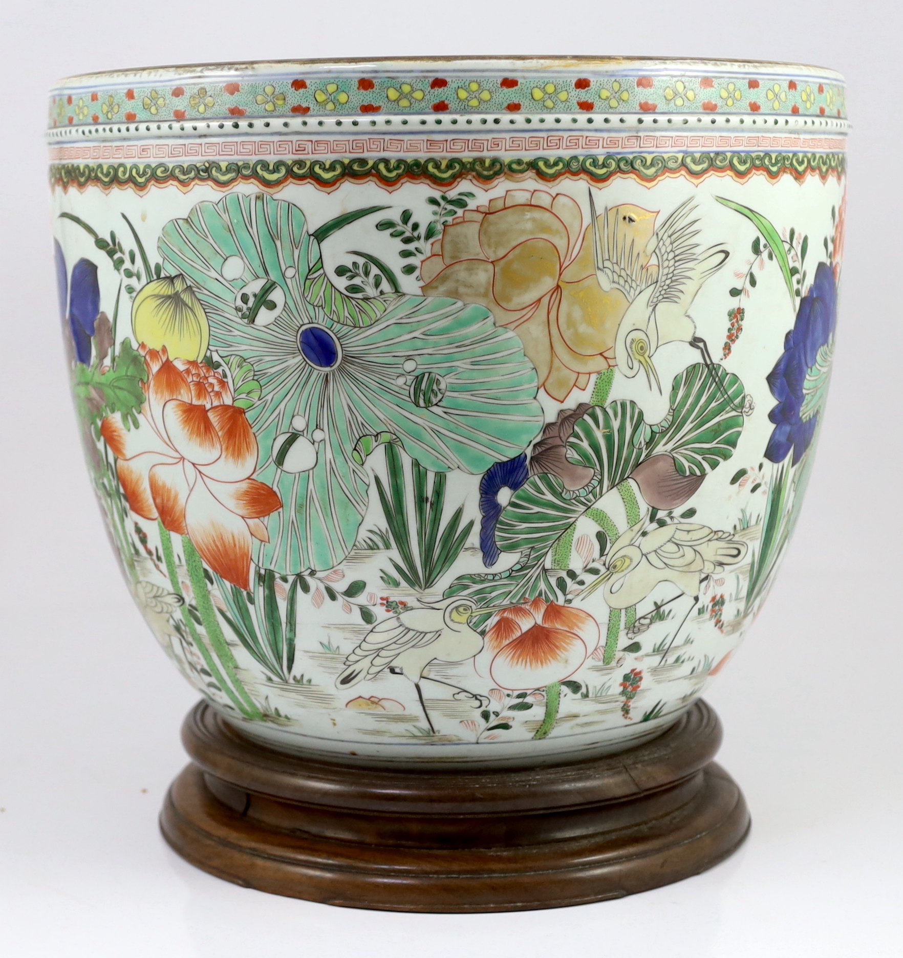 A large Samson famille verte ‘lotus’ fishbowl, in Kangxi style, 19th century